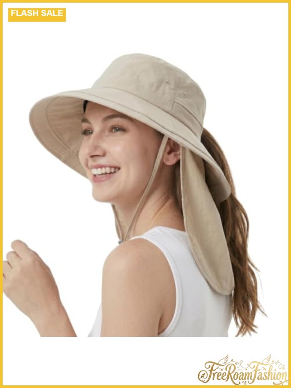 Womens Ponytail Sun Hat Detachable Neck Flap Wide Brim UPF 50+